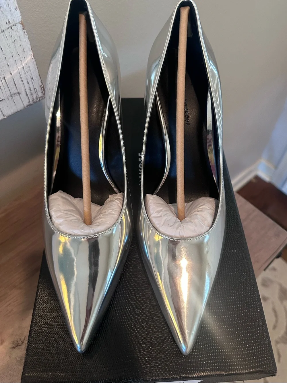 Rebecca Minkoff West Mirror Metallic Silver Block Heel Pumps NIB Size 7.5